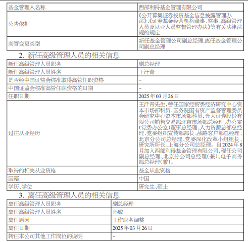 西部利得基金高管变更：孙威职务调整离任 原光大证券老将王汗青出任副总经理
