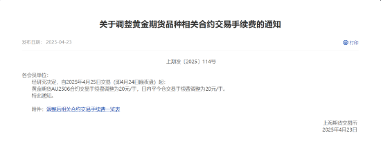 上期所：黄金期货AU2506合约交易手续费调整为20元/手